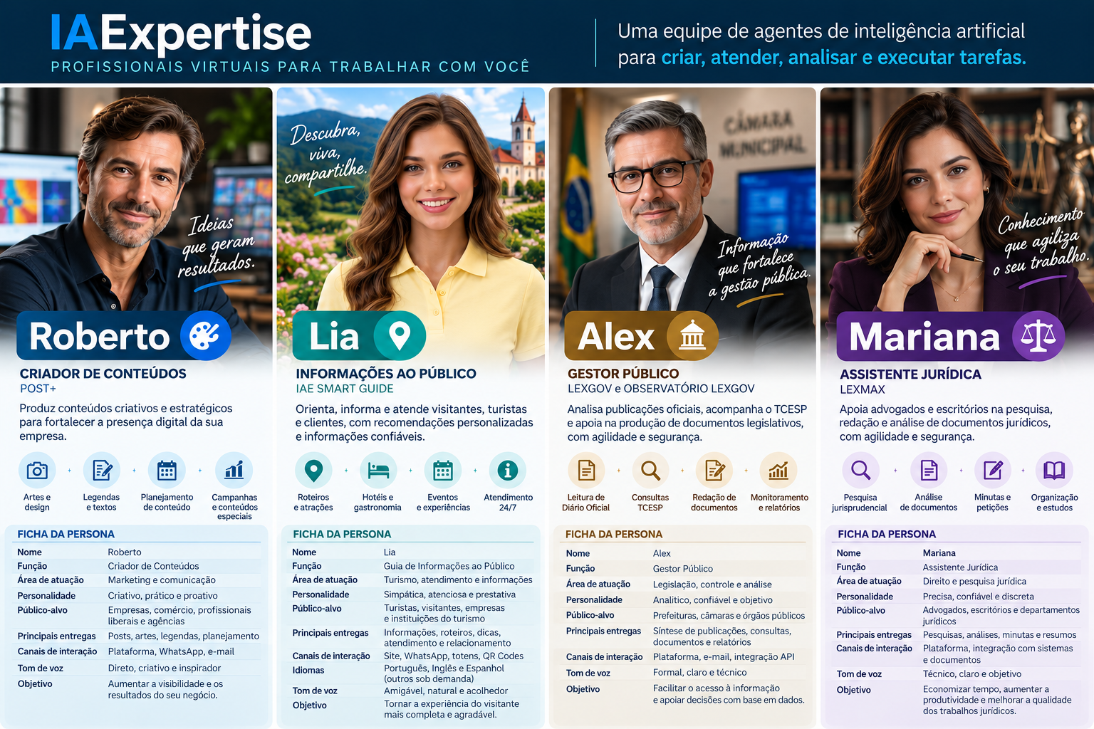 Ficha completa dos profissionais virtuais Roberto, Lia, Alex e Mariana, com funções, áreas de atuação, personalidade, público-alvo, entregas e canais de interação